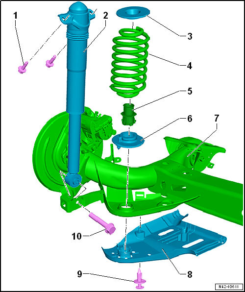 Assembly overview - suspension strut, shock absorber, spring, torsion beam axle