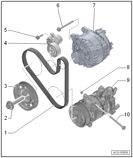Assembly overview - poly V-belt drive, vehicles with air conditioner compressor