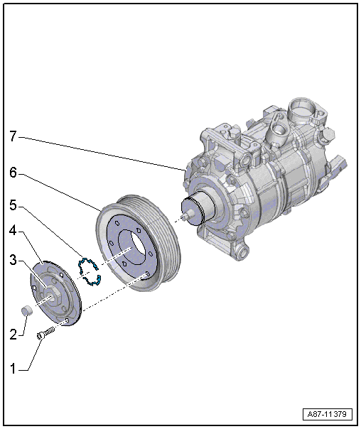 Assembly overview - belt pulley, Denso air conditioner compressor
