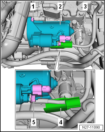 Removing and installing starter, vehicles with double clutch gearbox (DQ250-6F)