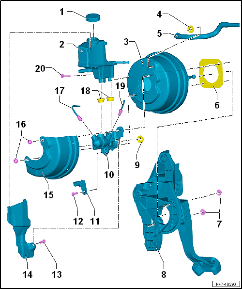 Assembly overview - brake servo/brake master cylinder, RHD vehicles