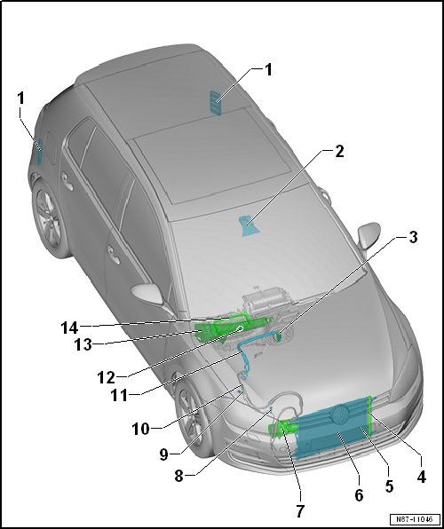Overview of fitting locations - components not located in passenger compartment, Golf and Golf GTE, LHD vehicles