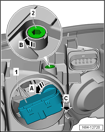 Removing and installing headlight range control motor -V48-/-V49- (dual halogen headlights)